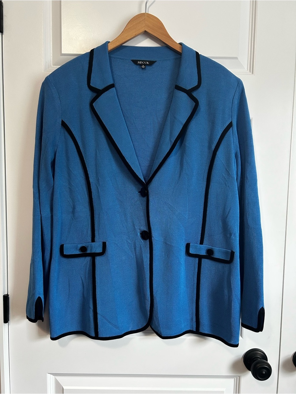 Misook Blue Knit Blazer Cardigan with Black Piping XL